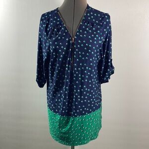Ivy Ridge Top Women Size XL Navy & Green Zipper Opening Yolk Back